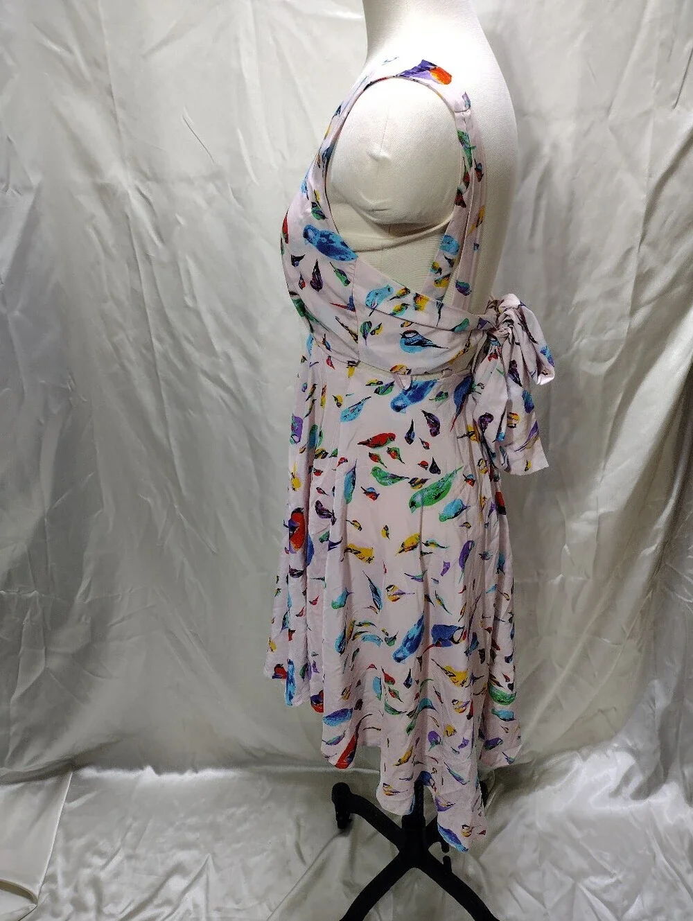 New Louche Chica Pink Sundress Women XS Birds Tie Bust Sleeveless